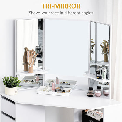 Corner Vanity Desk with Mirror, Makeup Vanity Table with 5 Drawers and Open Shelves, Dressing Table with 3-piece Mirror for Bedroom, Black