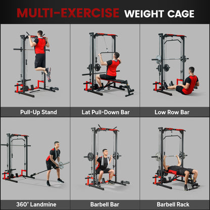 Smith Machine Power Rack with Pull Up Bar, Lat Pull Down System, Landmine, Squat Rack, Barbell Bar, for Home Gym
