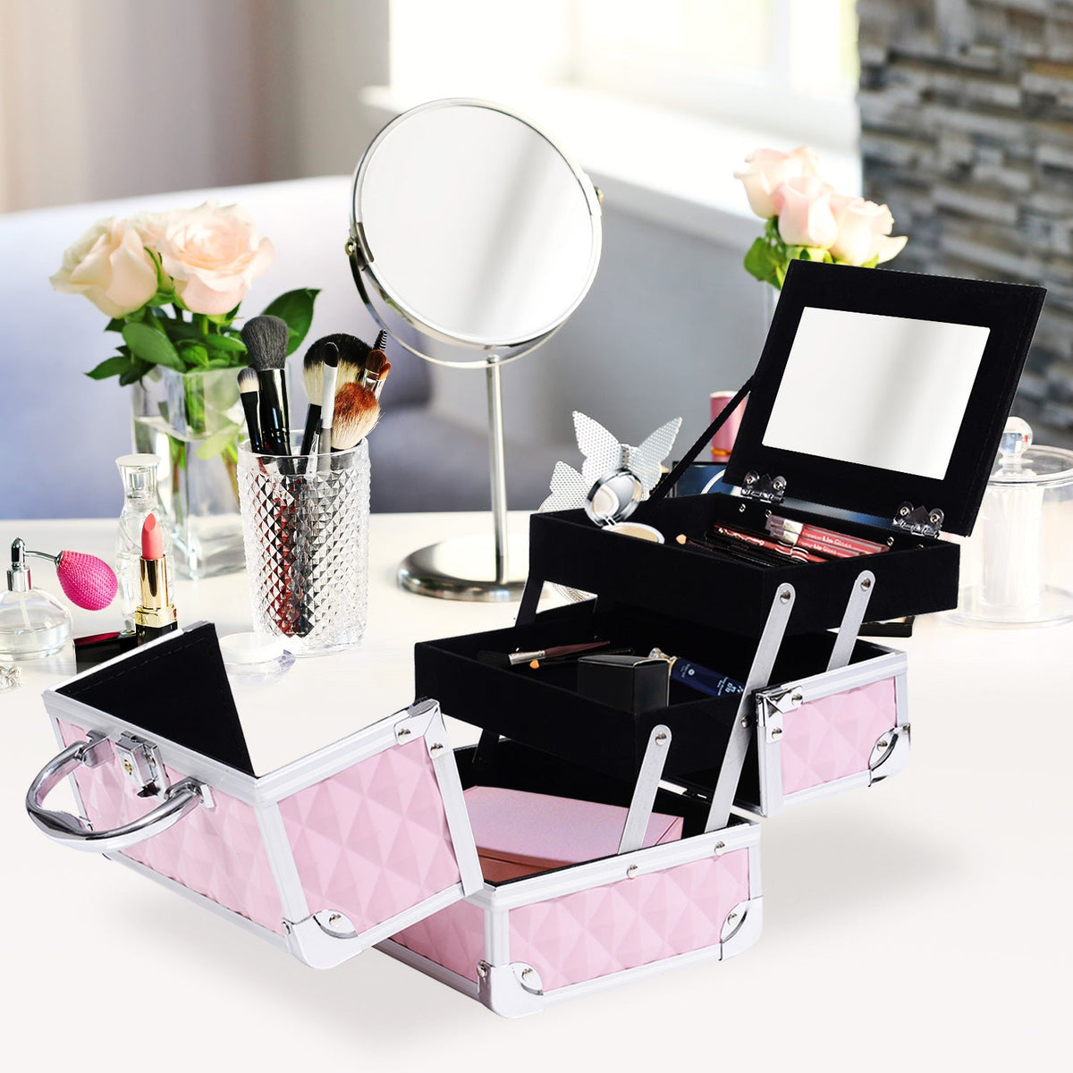3 Tier Diamond Texture Makeup Train Case Cosmetic Organizer with Mirror, Black