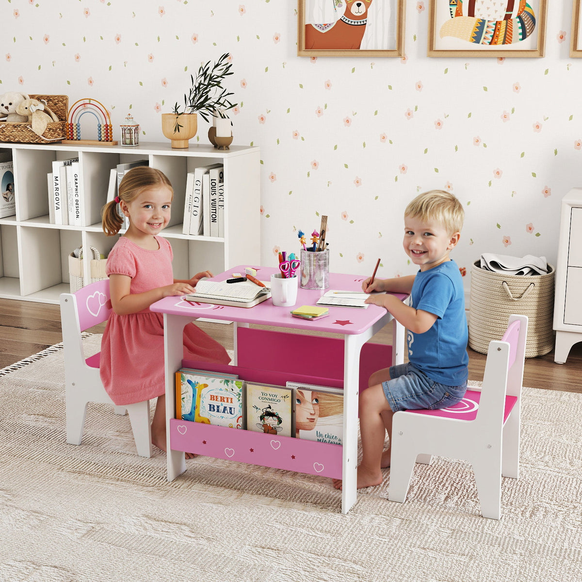 3 Pieces Kids Table and Chair Set with Bookshelves, for Classroom, Home, Nursery, Playroom, for Read, Draw, Art, Pink