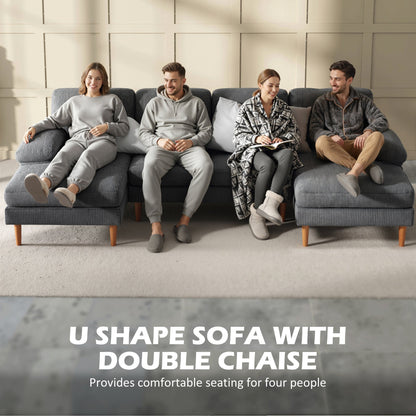 U Shape Couch with Double Chaise Lounge, Modern 4 Seater Sofa with Wooden Legs, Fabric Sofa for Living Room, Dark Grey