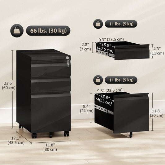 3 Drawer Filing Cabinet with Lock, Steel Office Storage Cabinet with Hanging Bar for A4, Legal, Letter Files, Black