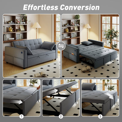 3‑in‑1 Convertible Sofa Bed, Pull Out Sleeper Sofa with USB Charging, Adjustable Backrest, Side Pockets, Beige