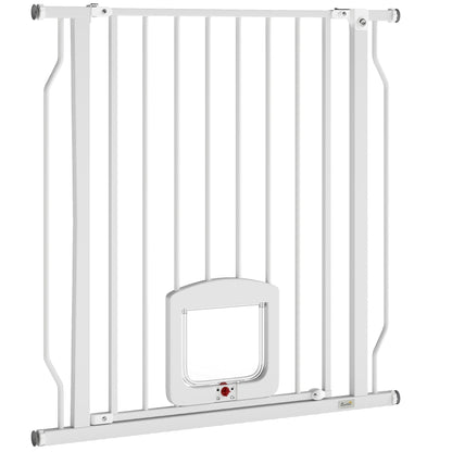 29.5-33.5" Adjustable Dog Gate with Cat Door, Easy Install Pressure/Hardware Mounted Pet Gate for Doorways, White