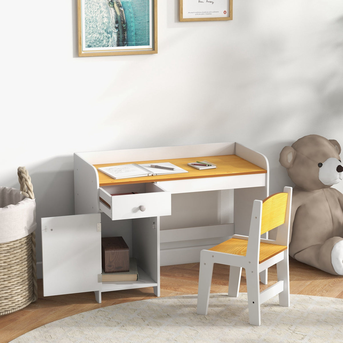 Kids Desk and Chair Set for 3-6 Year Old with Storage Drawer, Study Table and Chair for Children, White