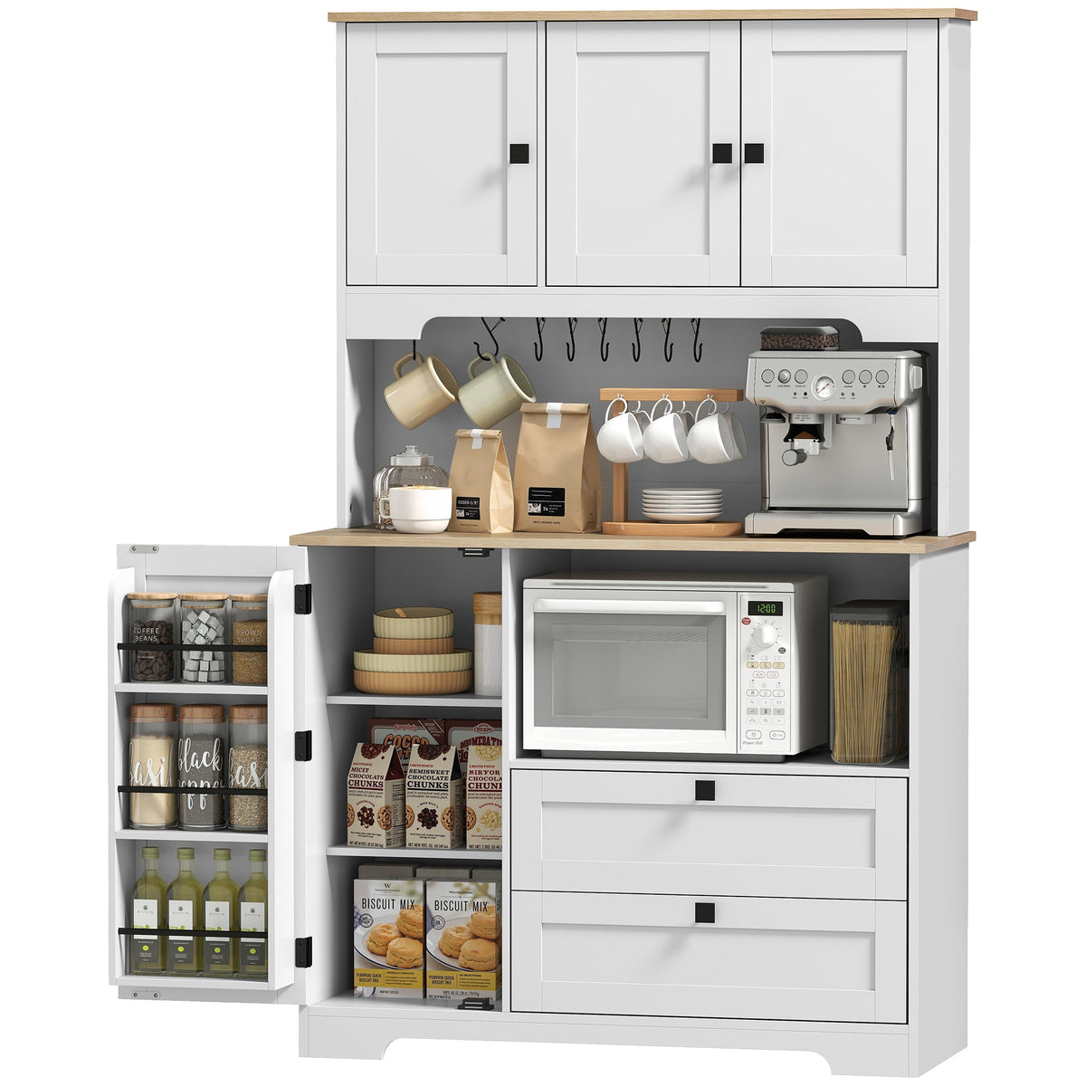 Kitchen Pantry Cabinet, 64" Tall Kitchen Hutch with 3 Cabinets, 2 Drawers, Adjustable Shelves, Microwave Stand, Black