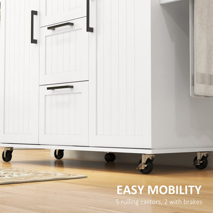 Rolling Kitchen Cart on Wheels with Drop Leaf, Kitchen Island with 3 Drawers, Solid Wood Top and Towel Rack, White