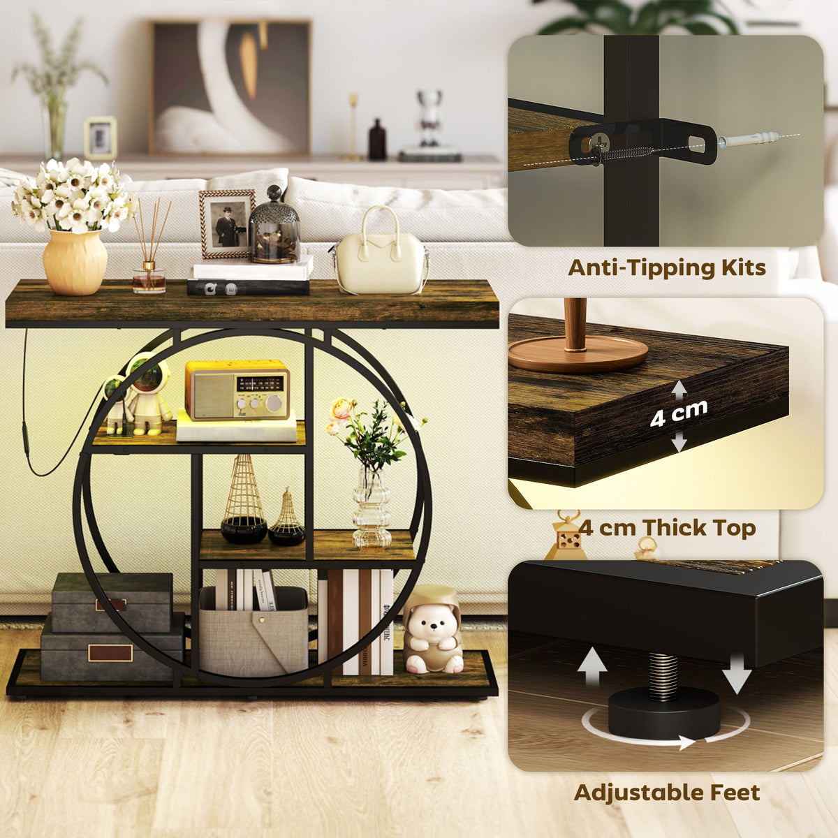4-Tier Entryway Table with Charging Station LED Lights 39" Console Table with Circle Base for Living Room, Rustic Brown