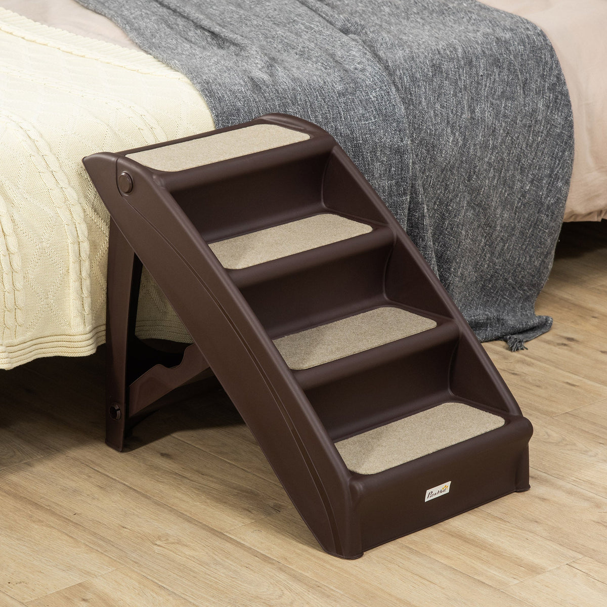 4-Level Portable Dog Stairs, Foldable Dog Steps for Small Dogs, Lightweight Cat Steps, with Nonslip Soft Mats, for High Bed, Sofa, Beige