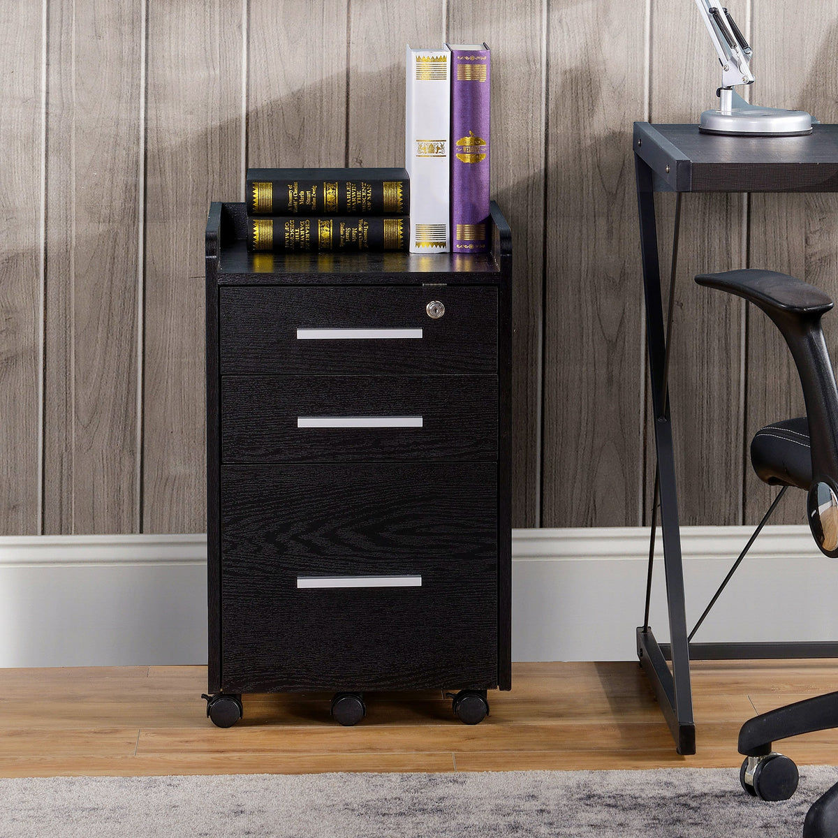 3 Drawer File Cabinet with Lock and Edged Top, Lockable Filing Cabinet on Wheels for Letter and A4 Size, White