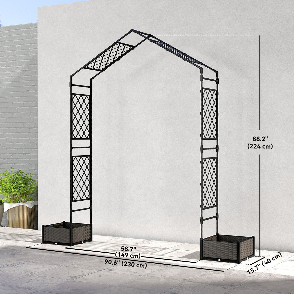 Garden Arch Outdoor Trellis Arbor with 2 Planter Boxes, 90.6" x 15.7" x 88.2", Black
