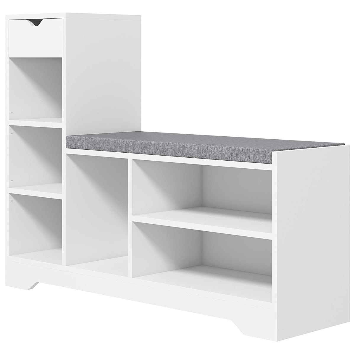 Upholstered Shoe Storage Bench w/ Seat, Entrance Bench w/ Drawer and 6 Open Shelves for Hallway, Grey