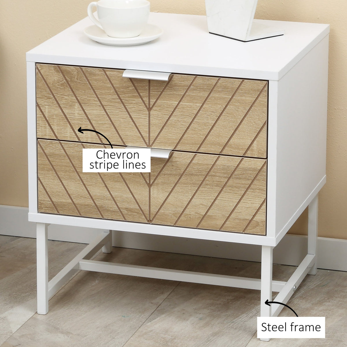 Modern Bedside Table with 2 Drawers and Steel Frame, Sofa Side Table for Bedroom Living Room, White and Oak