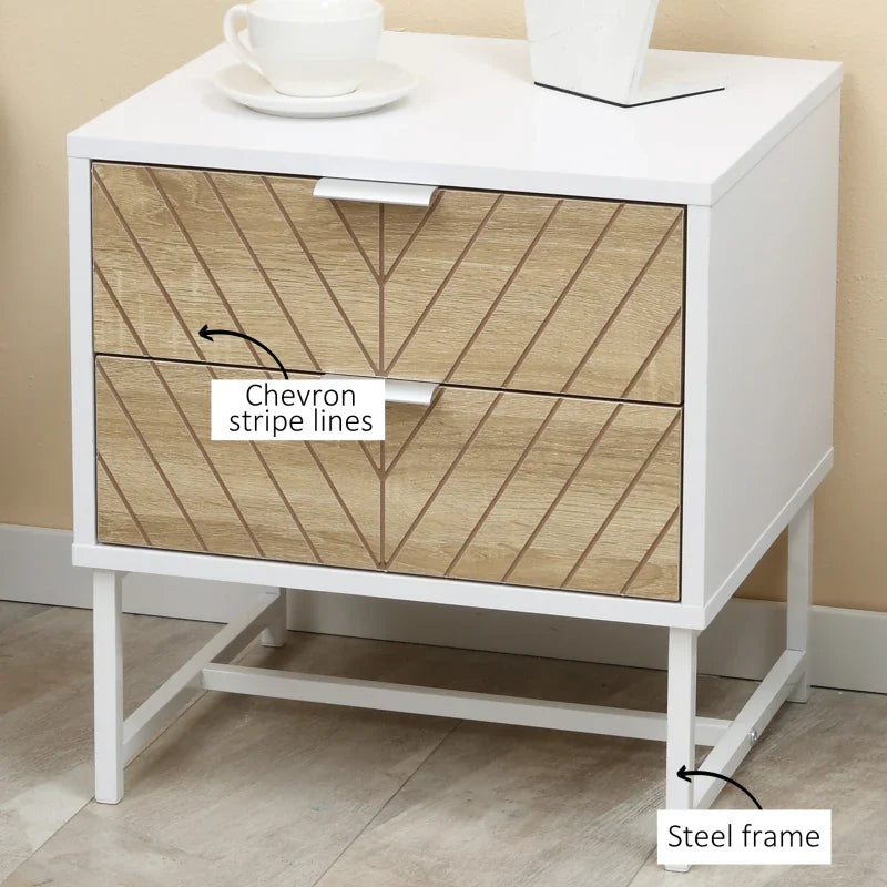 Emery Modern Bedside Table with 2 Drawers and Steel Legs-White/Oak