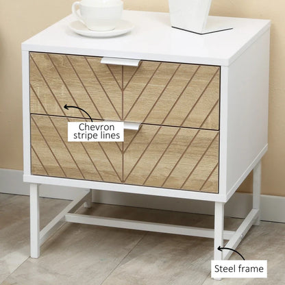 Emery Modern Bedside Table with 2 Drawers and Steel Legs-White/Oak
