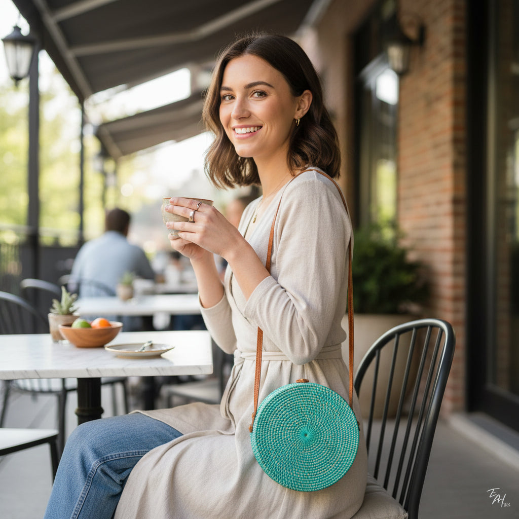 Round Rattan Purse - Turquoise