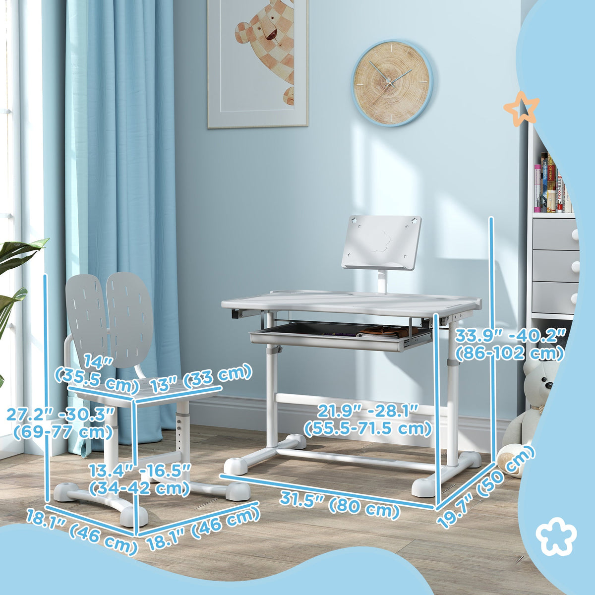 Height Adjustable Kids Desk and Chair Set with Tilt Desktop, Large Writing Board, Storage Drawer, Book Stand, Grey