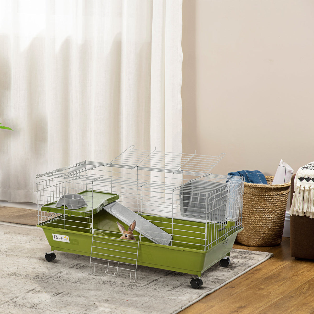 Small Animal Cage, Rolling Bunny Cage, Guinea Pig Cage with Food Dish, Water Bottle, Hay Feeder, Platform, Ramp, Black