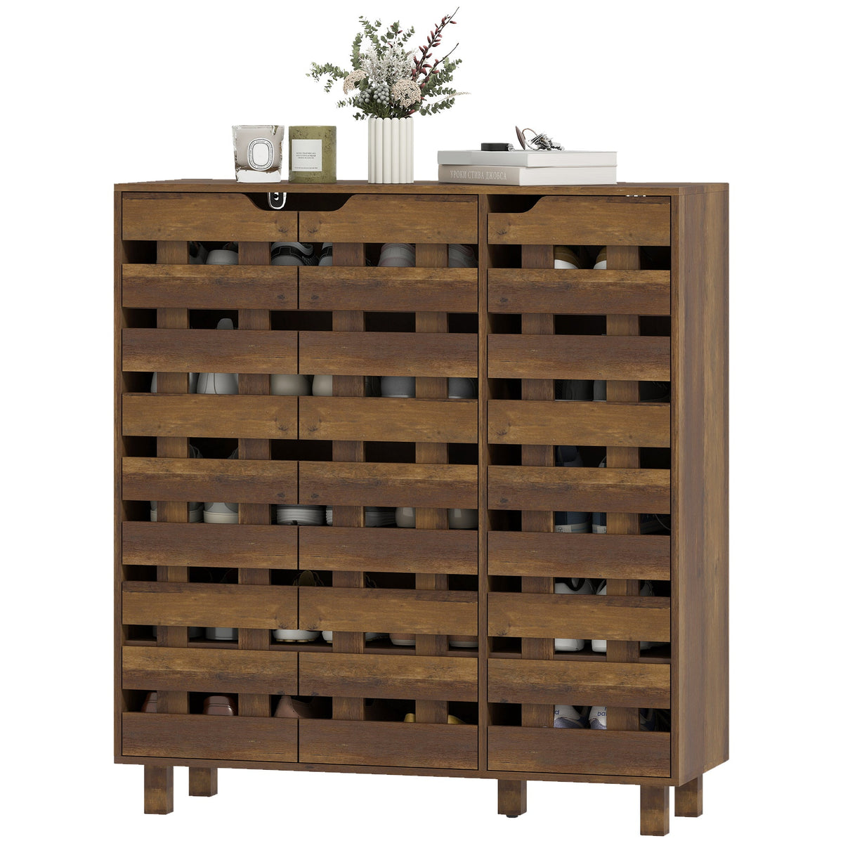 Shoe Cabinet, 21 Pair Shoe Storage Cabinet Organizer with 5-tier Double Door Cupboard and 5-tier Open Shelves, Black