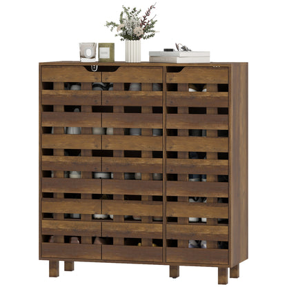Shoe Cabinet, 21 Pair Shoe Storage Cabinet Organizer with 5-tier Double Door Cupboard and 5-tier Open Shelves, Black