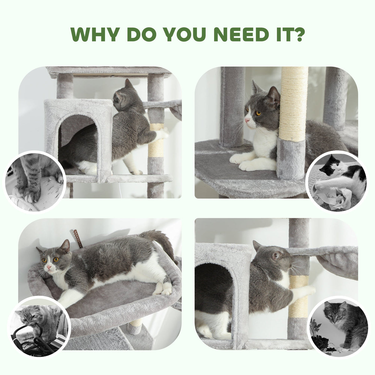 69" Cat Tree, Multi-Level Cat Tower with 2 Condos, Plush Perch and Sisal Scratching Posts, Dark Grey