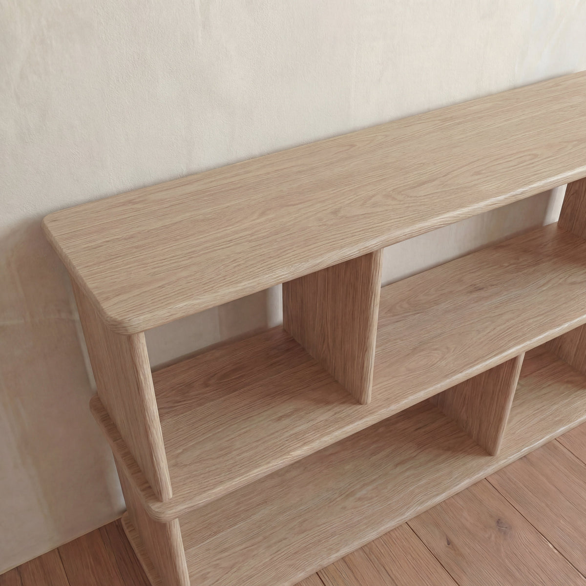 Horizontal bookshelf in white oak
