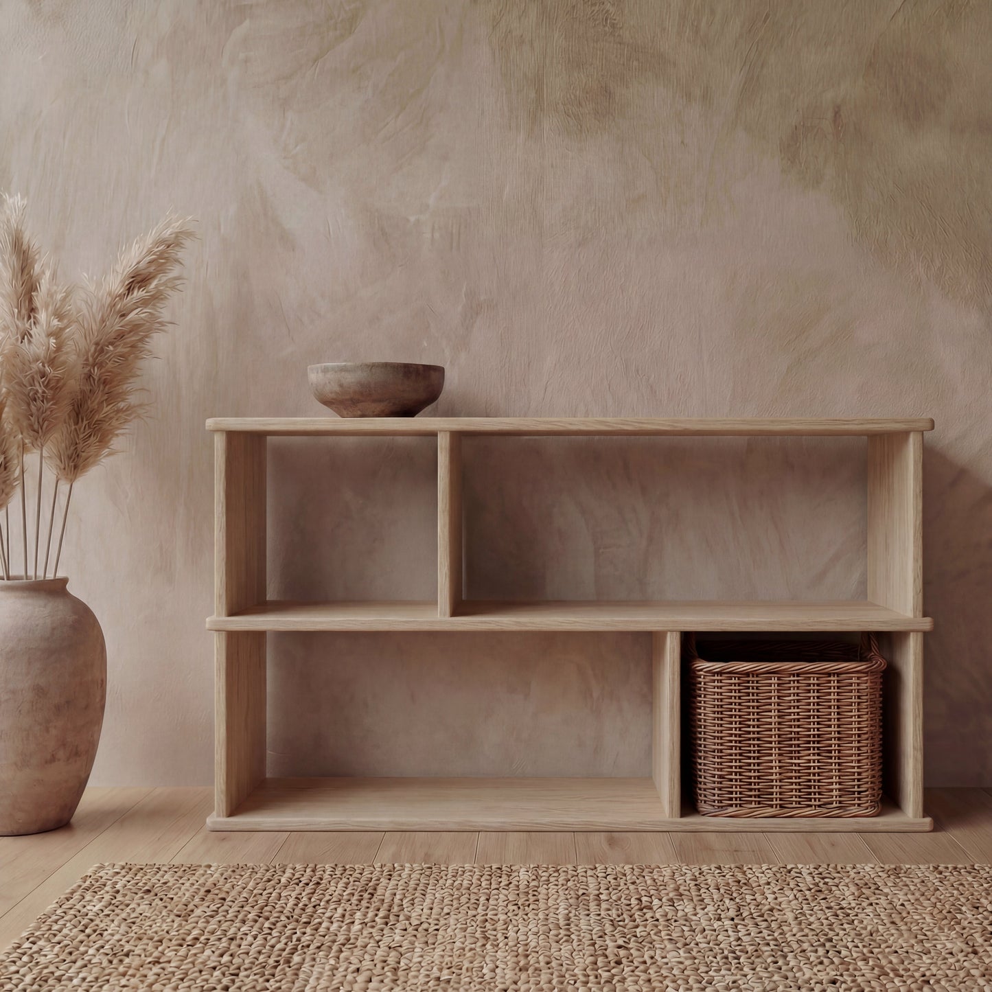 Horizontal bookshelf in white oak