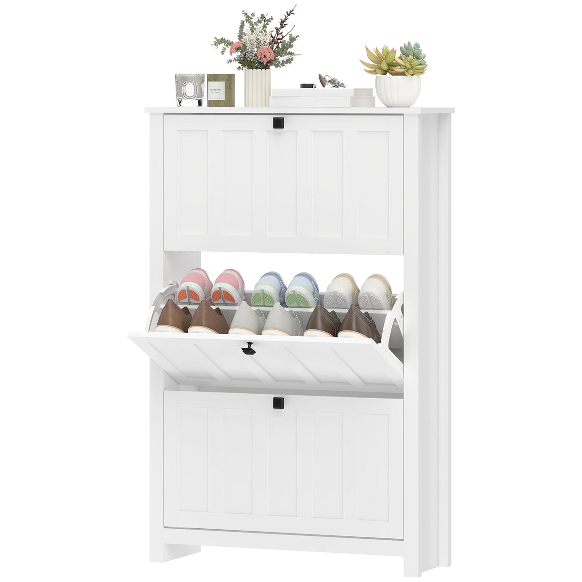 Slim Shoe Cabinet with 3 Flip Drawers, Shoe Storage Cabinet with Adjustable Shelves for Entryway, Holds 12 Pairs, White