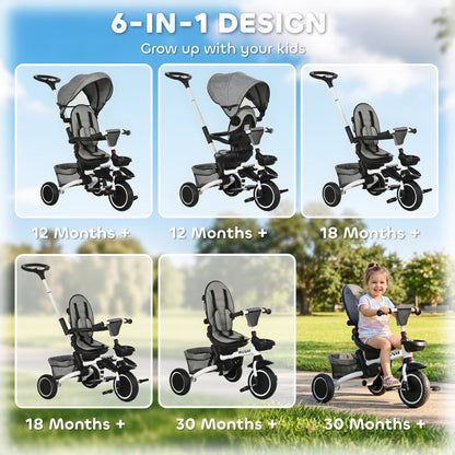Tricycle for Toddler 6-in-1 Kids Trike, Foldable Converts Stroller to Baby Push Bike, Adjustable Backrest with Detachable Guardrail & Handle, Brake for 1-4 Years Old, Grey