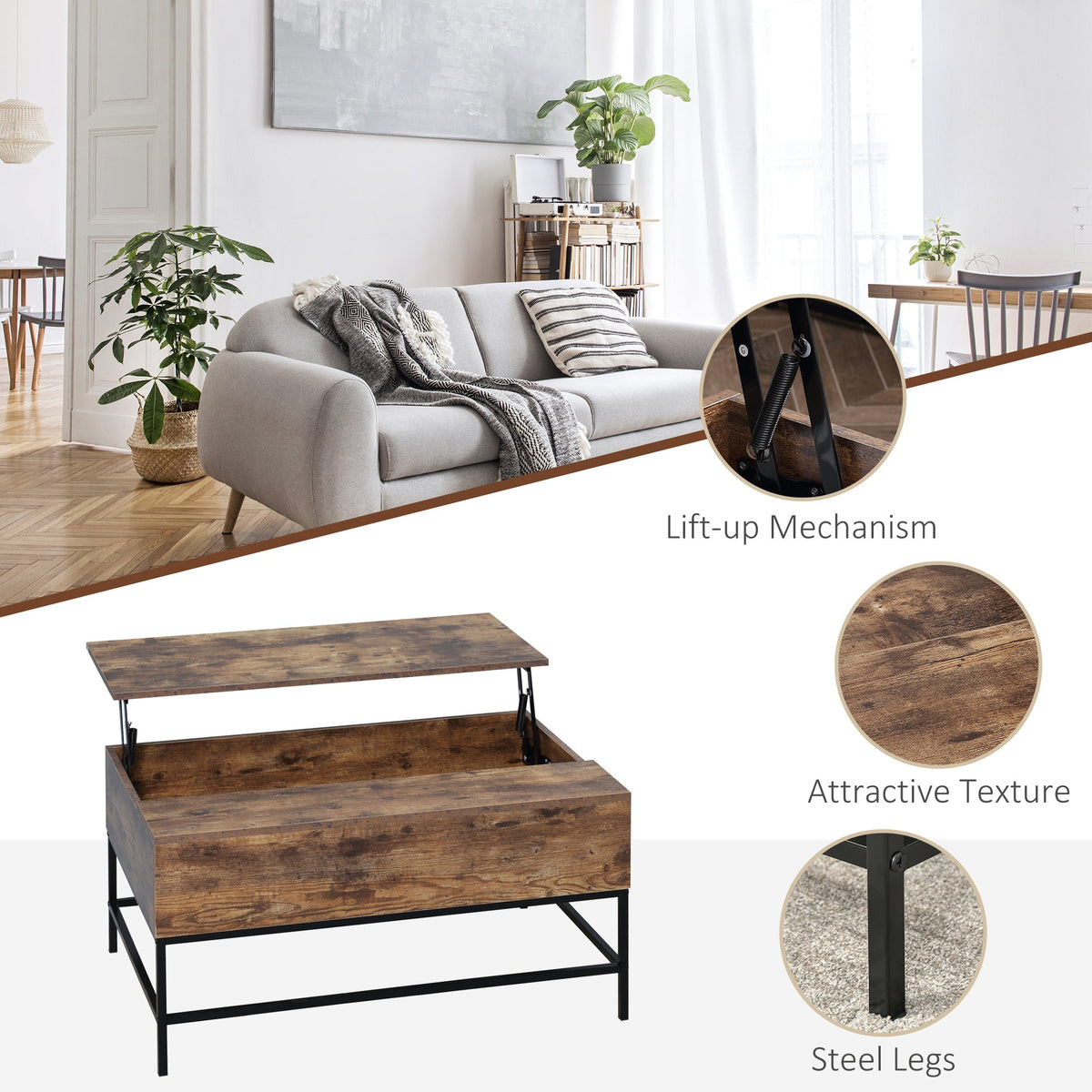 Reese Lift Top Coffee Table with Hidden Storage Compartment-Rustic Brown