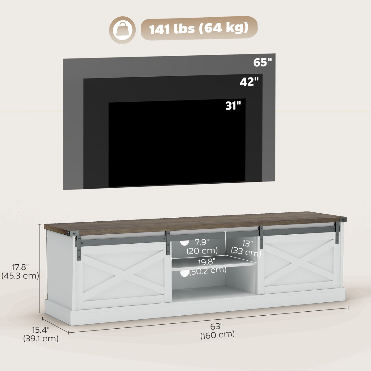 TV Stand for TVs up to 65 Inch, Entertainment Center with Shelves, Cabinets, Sliding Barn Doors, Thick Top, White