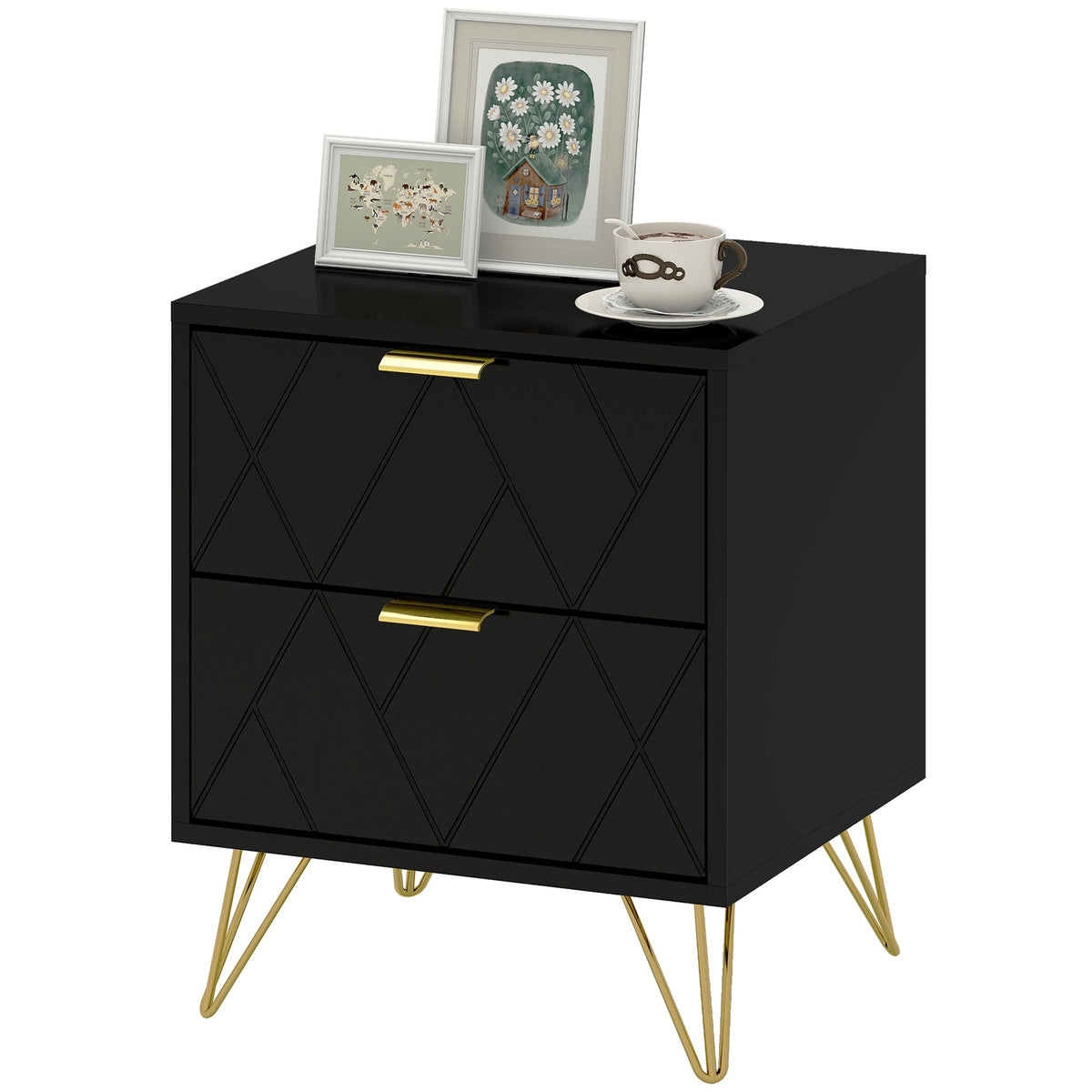 Modern Bedside Table, Accent Nightstand with 2 Drawers, Bed End Table for Bedroom, Black