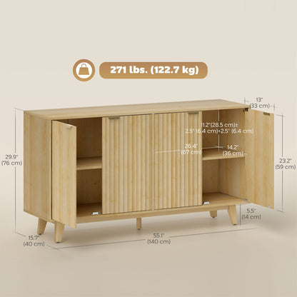 Fluted Sideboard Buffet Cabinet, 55" Coffee Bar Cabinet with 4 Doors, 2 Adjustable Shelves, 5 Wood Legs, Nature Wood