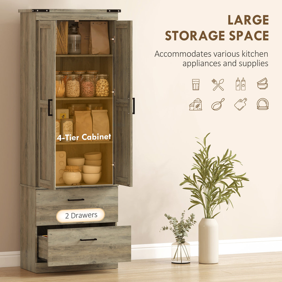 67" Tall Kitchen Pantry Storage Cabinet, Kitchen Pantry Cabinet with Doors, Drawers and Adjustable Shelves, Black