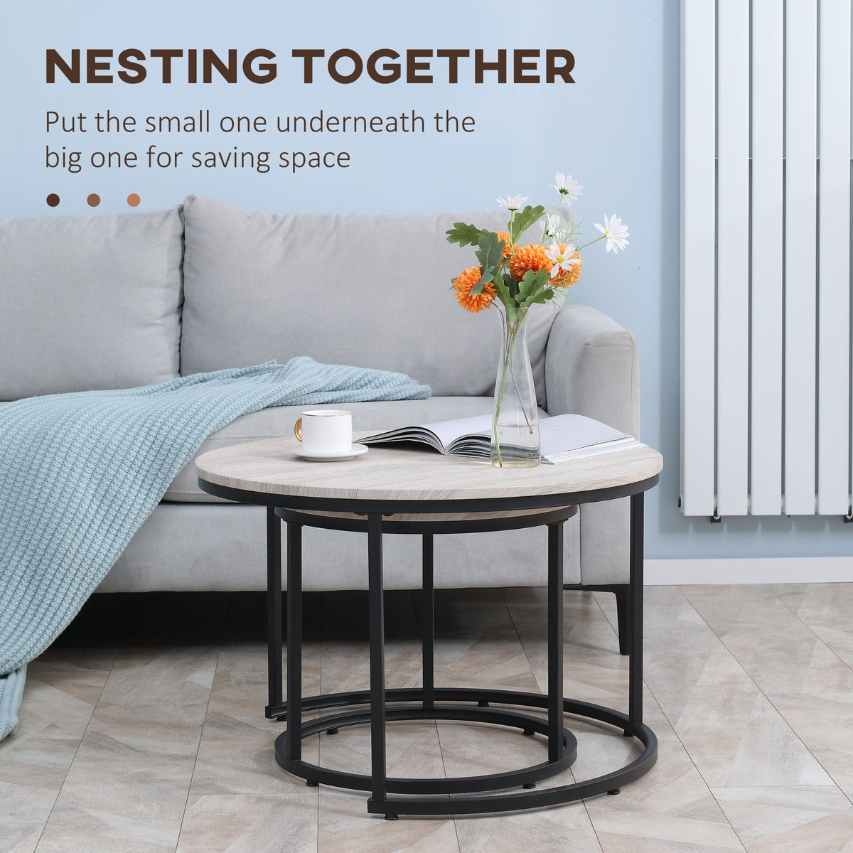 Nesting Tables, 29" Round Coffee Table Set of 2, Modern Side Tables for Living Room with Metal Base, Rustic Brown