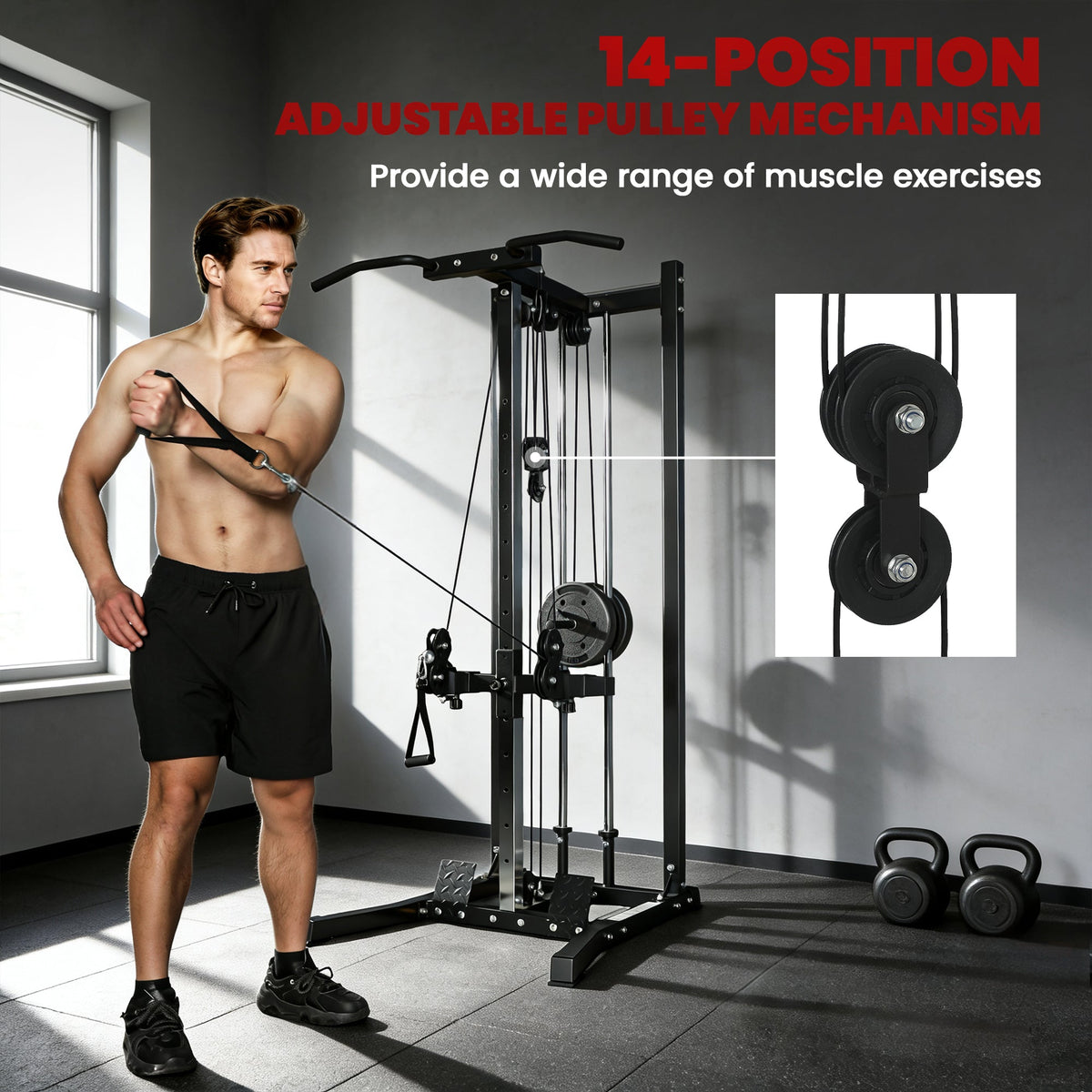 Cable Station Dual Pulley System with Pull up Bar and 14 Adjustable Positions