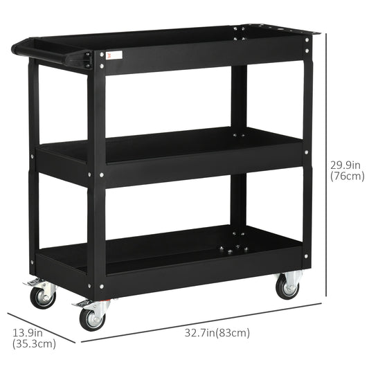 3 Tier Rolling Tool Cart with Wheels, 330 LBS Capacity Heavy Duty Utility Cart, Mobile Service Cart for Garage, Black