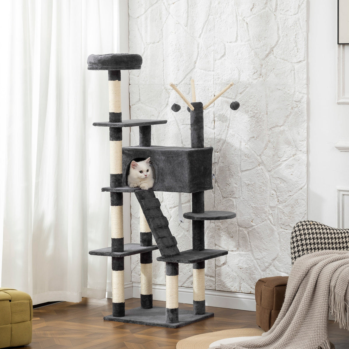 59 Inch Large Cat Tree with Sisal Scratching Posts, Cozy Condo, Top Perch, Ladder and Interactive Balls, Dark Grey