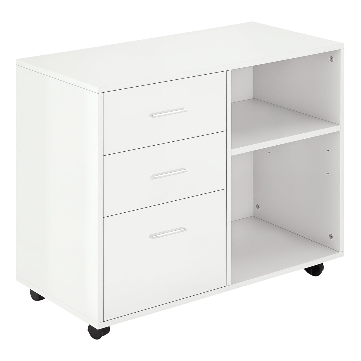 Modern Lateral Filing Cabinet, 3 Drawer File Cabinet for Letter and A4 Size Documents, Mobile, Printer Stand with Open Shelves, Rolling Wheels, Black