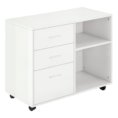 Modern Lateral Filing Cabinet, 3 Drawer File Cabinet for Letter and A4 Size Documents, Mobile, Printer Stand with Open Shelves, Rolling Wheels, Black