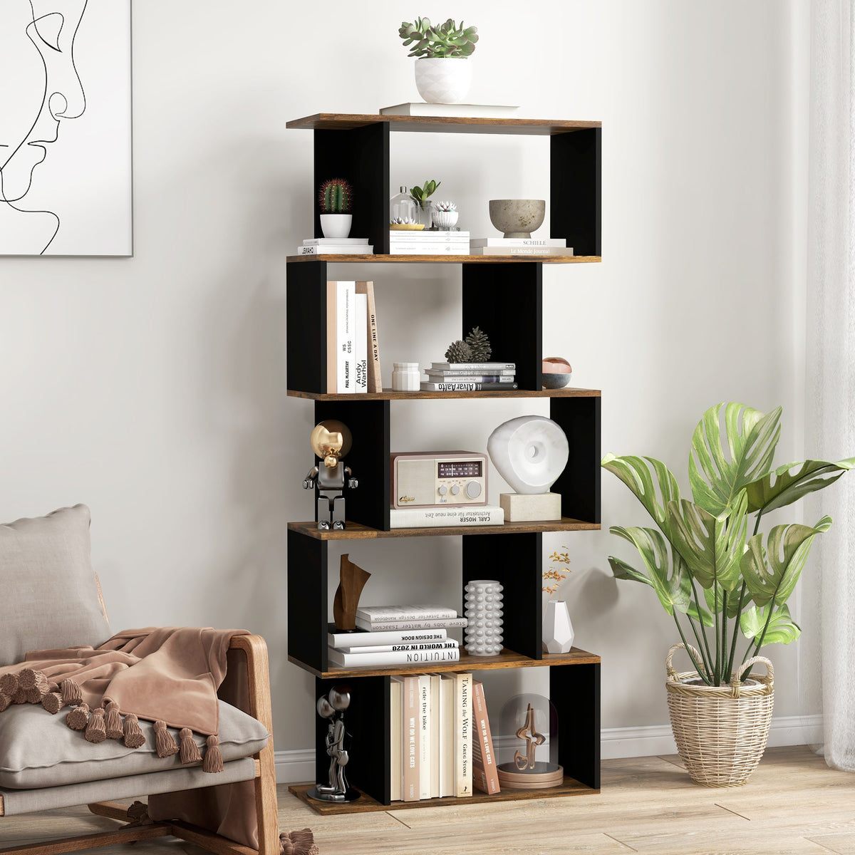 5-Tier Bookshelf, Geometric S Shaped Bookcase, Tall Narrow Display Shelf for for Living Room, Study Room, White