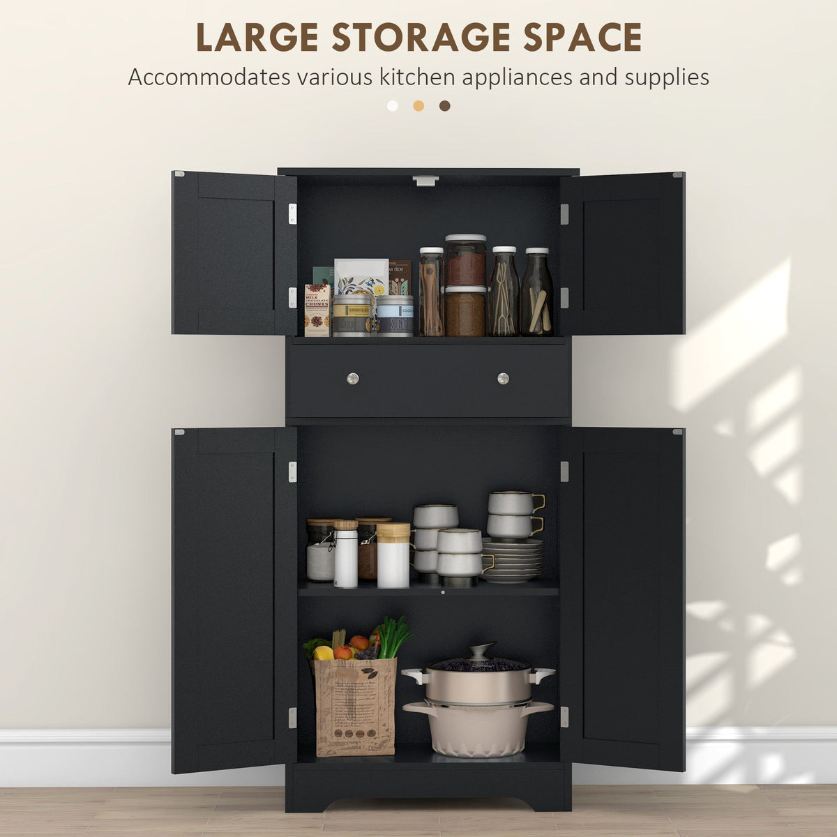 50.5" Kitchen Storage Cabinet, Modern Kitchen Pantry Cabinet with 4 Doors, Drawer, Adjustable Shelf, Black