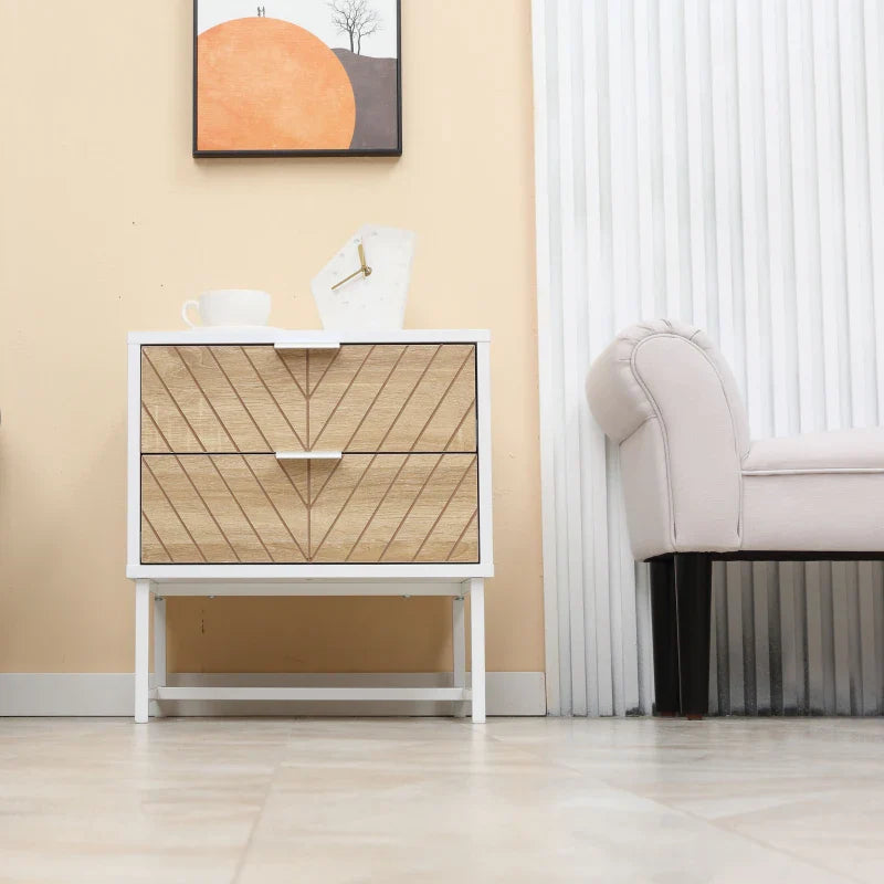 Emery Modern Bedside Table with 2 Drawers and Steel Legs-White/Oak