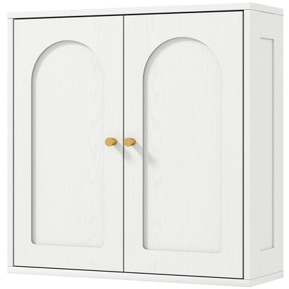 Medicine Cabinet, Modern Bathroom Wall Cabinet with 2 Arched Doors and Gold Handles, White Wood Grain