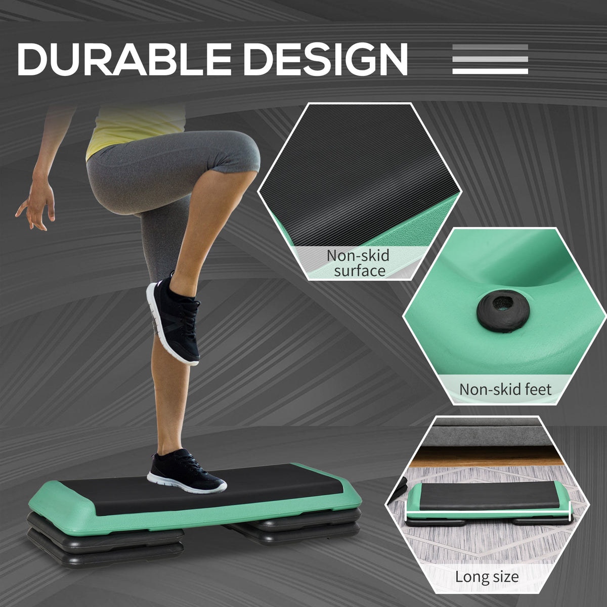 43" Adjustable Aerobic Platform Stepper 3 Level with Risers 4” 6” 8” Cardio Fitness Trainer Workout Step Home Gym Exercise, Black Green