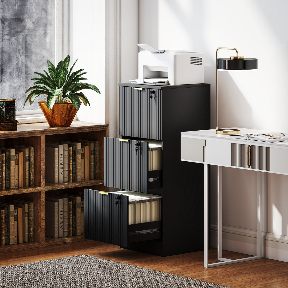 Lockable Filing Cabinet with 2 Fluted Drawers, File Cabinet with Adjustable Hanging Rails for A4 Letter Files, Black