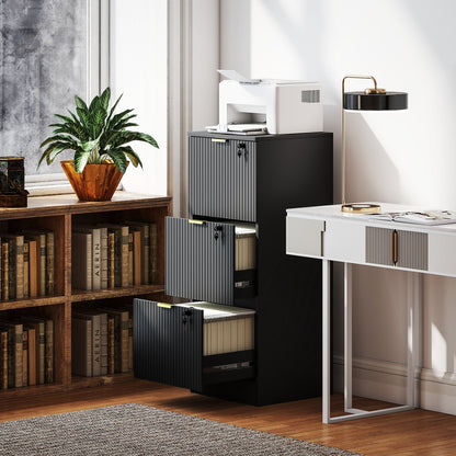 Lockable Filing Cabinet with 2 Fluted Drawers, File Cabinet with Adjustable Hanging Rails for A4 Letter Files, Black