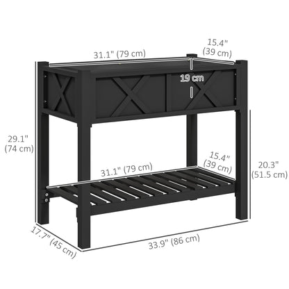 Wooden Raised Garden Bed, Elevated Planter Box with Storage Shelf, Drainage Holes and Liner, 34" x 18" x 30", Black