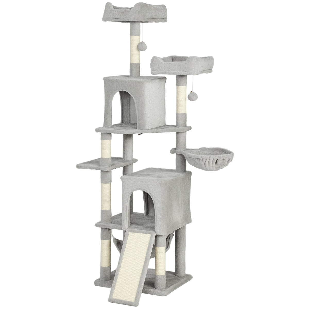 Cat Tree, 70" Multi-Level Cat Tower with 2 Condos, 2 Perches, Hammock, Toy Balls, Scratching Posts and Board, Dark Grey