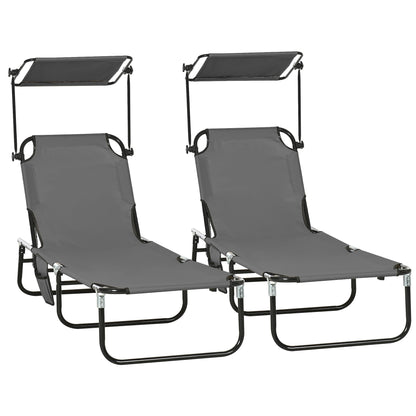 2 Piece Folding Outdoor Chaise Lounges, Pool Tanning Chairs with Reclining Back, Sunshade for Beach, Patio, Dark Grey